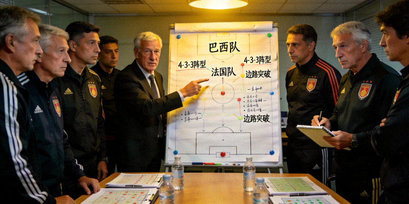 各国家队主教练在战术板前分析2026世界杯对手的备战场景